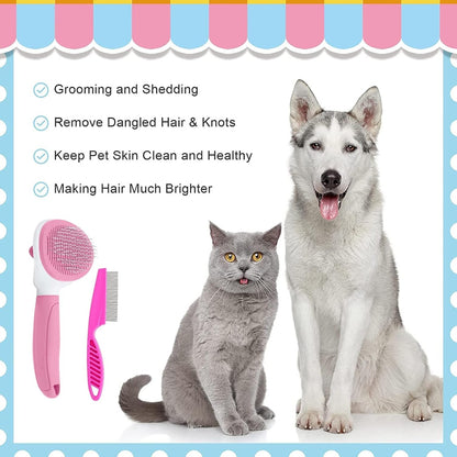 Self-Cleaning Cat Brush with Metal Comb – Release Button Slicker Brush for Shedding, Pink – view 4