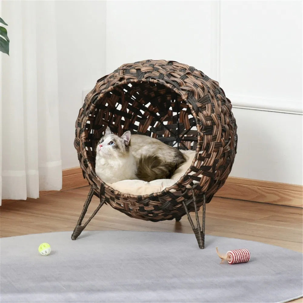 Elevated Wicker Cat House with Cushion – Hand-Woven Water Hyacinth Cat Bed, Brown – view 4