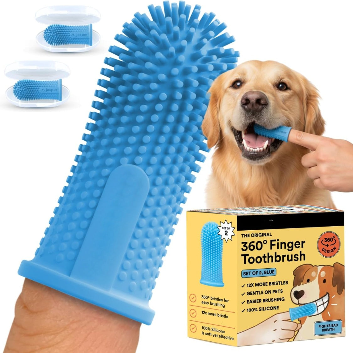 360 Degree Silicone Finger Toothbrush for Dogs and Cats – 2 Pack with Storage Cases, Blue
