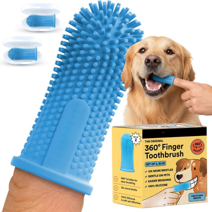 360 Degree Silicone Finger Toothbrush for Dogs and Cats – 2 Pack with Storage Cases, Blue