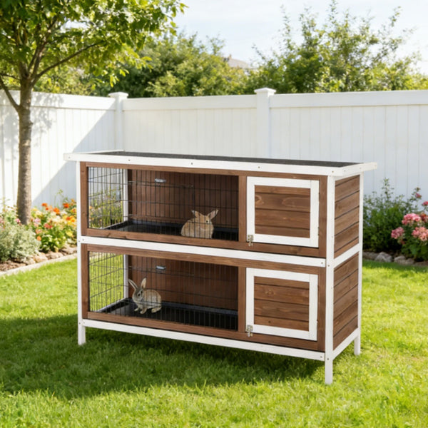 2-in-1 Wooden Rabbit Hutch – Divided Rooms, 4 Doors, Removable Trays, Asphalt Roof, for 2 Rabbits – view 6