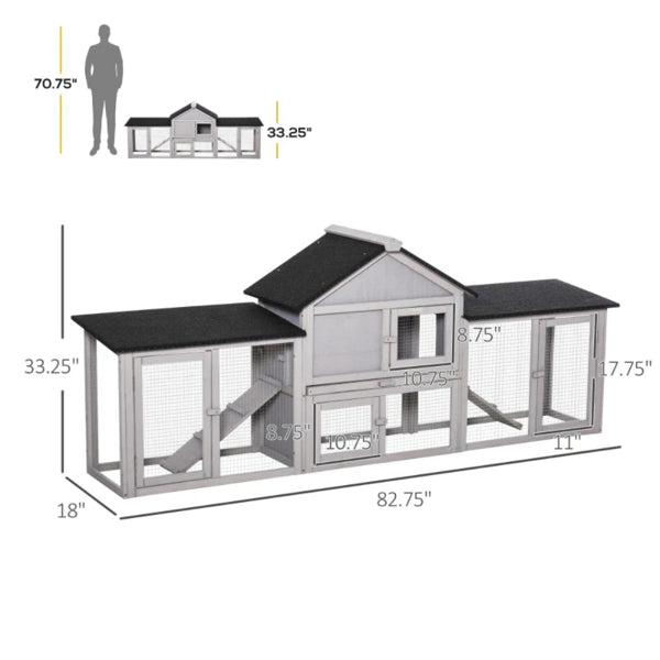 Wooden Rabbit Hutch with Run – Raised House, Ramp &amp; Slide-Out Tray, 82.75" Long, Gray – view 2