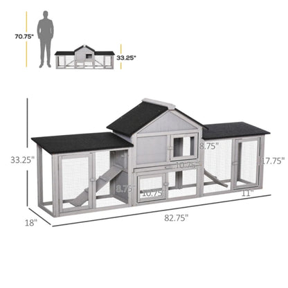 Wooden Rabbit Hutch with Run – Raised House, Ramp &amp; Slide-Out Tray, 82.75" Long, Gray – view 2