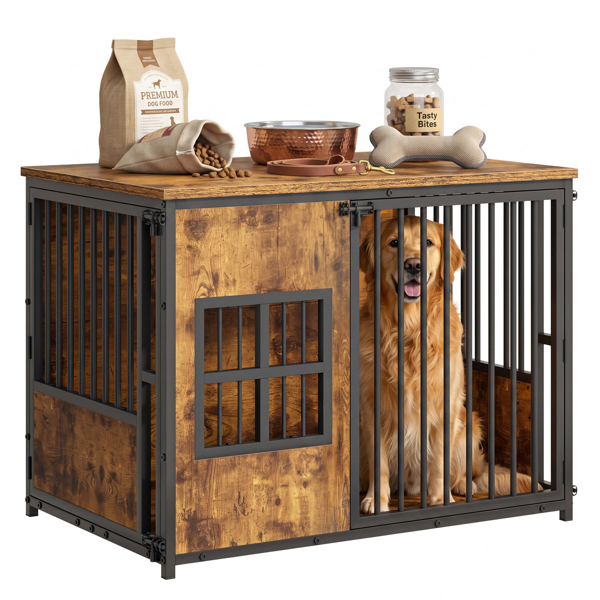 Wooden Dog Crate Furniture with Storage Top – Large Indoor Kennel, Antique Brown – view 8