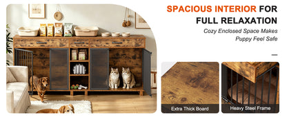 Large Wooden Double Dog Crate Furniture – Storage Cabinet, Drawers, Shelves, Antique Brown – view 7
