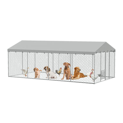 Large Outdoor Dog Kennel with Canopy – 20x10 Ft, Galvanized Steel, Elevated Feeding Bowls, Silver – view 4