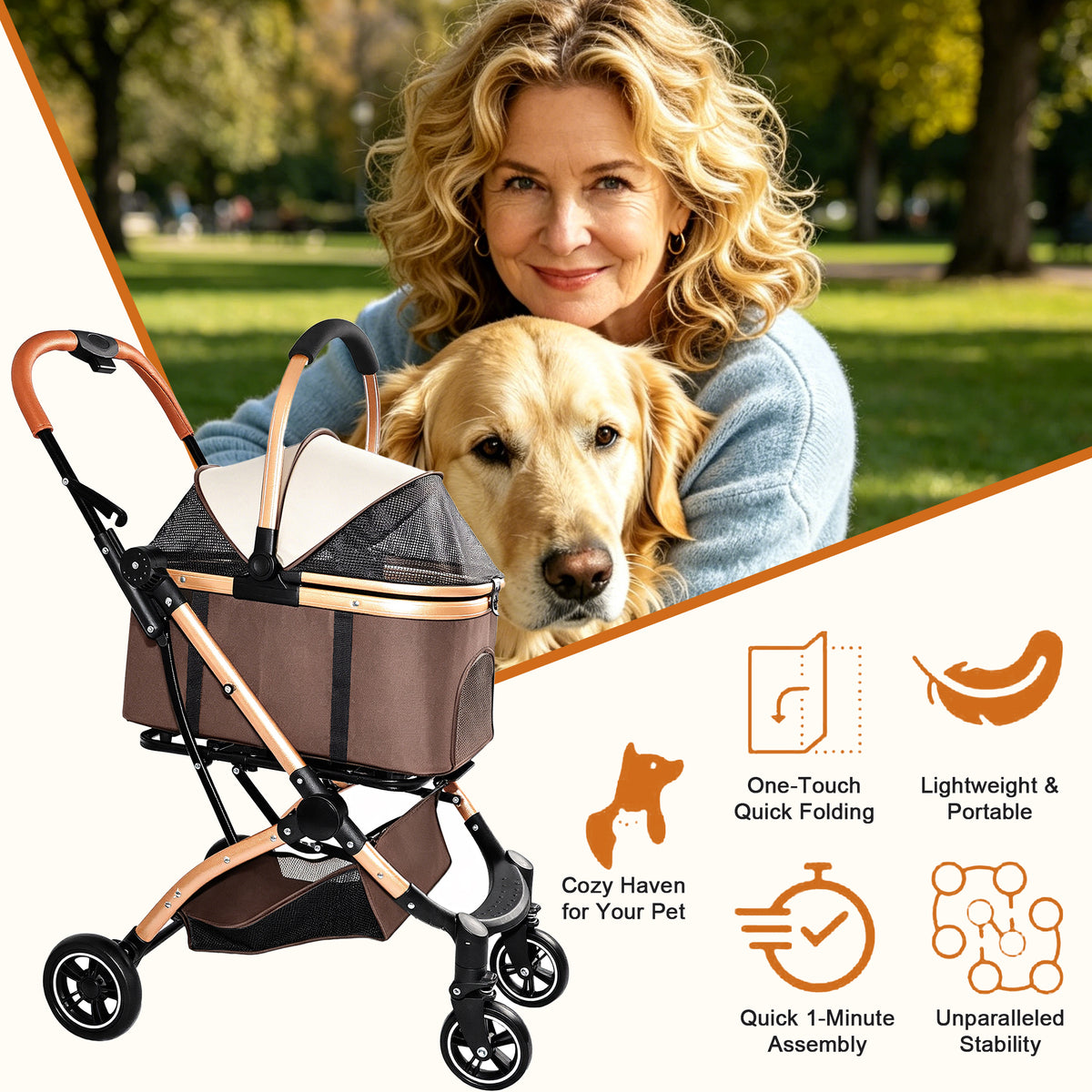 2-in-1 Foldable Pet Stroller – Detachable Carrier, 4 Wheels, Sun Canopy, Khaki – view 7