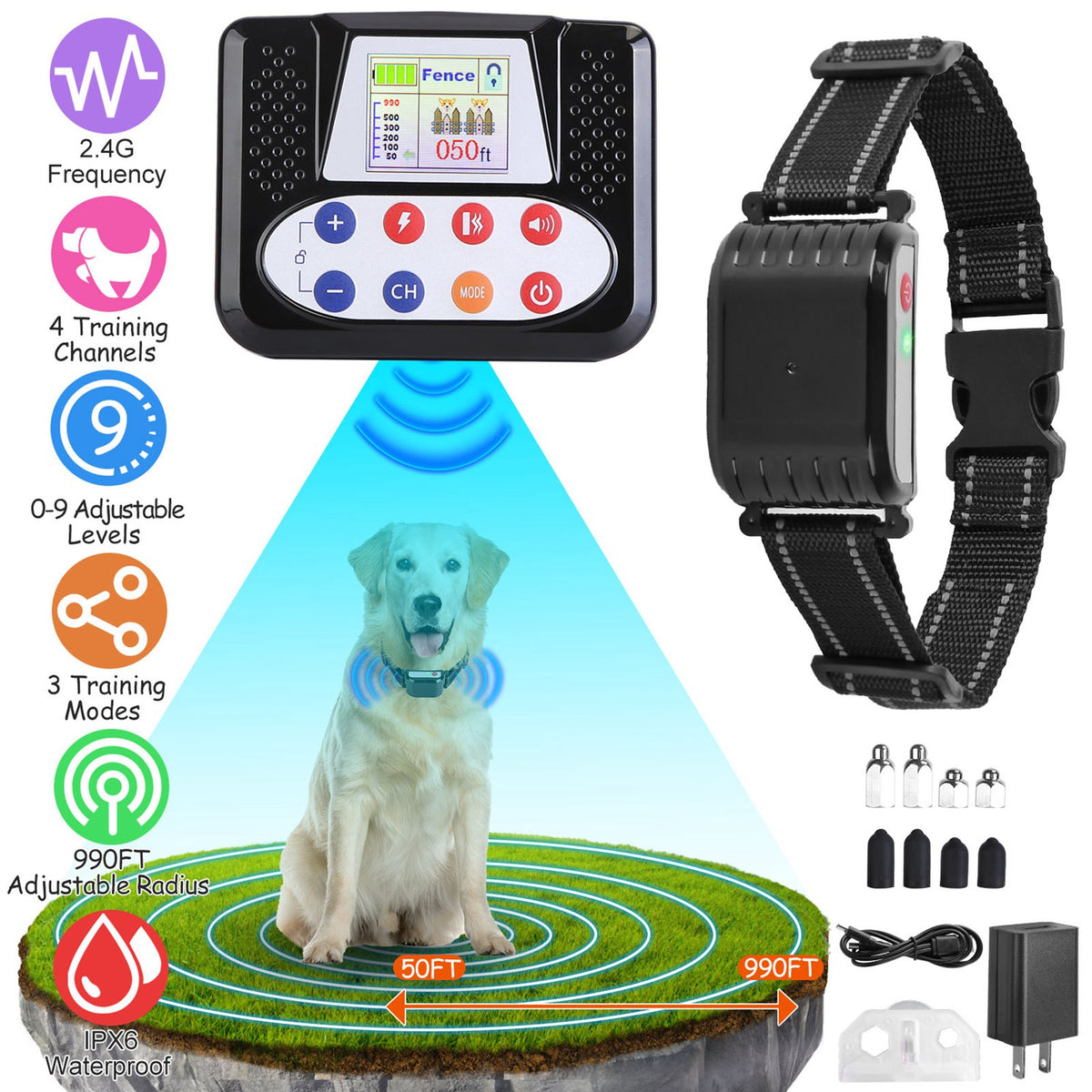 990 ft Wireless Dog Fence System with Training Collar – 2.4G, 0–9 Levels, IPX6