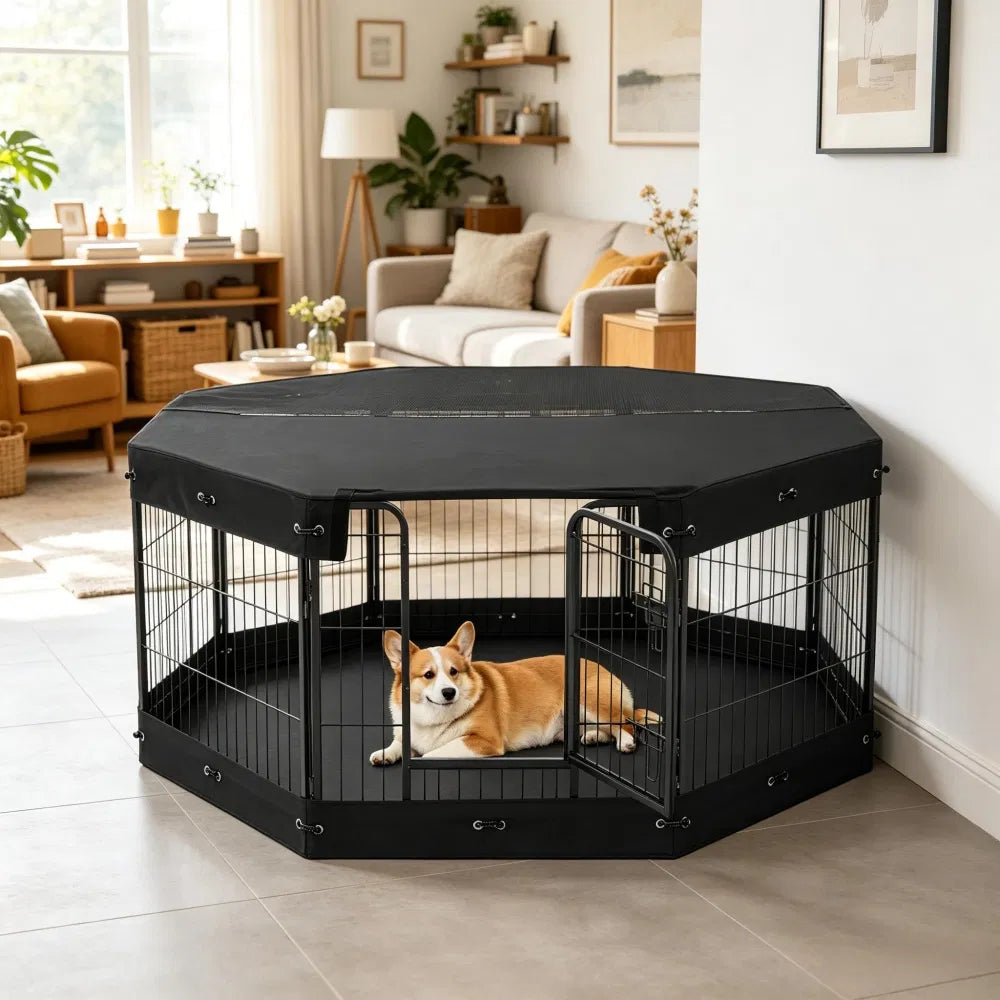 8-Panel Octagon Dog Playpen with Top Cover &amp; Floor Mat – 24 in High – view 4