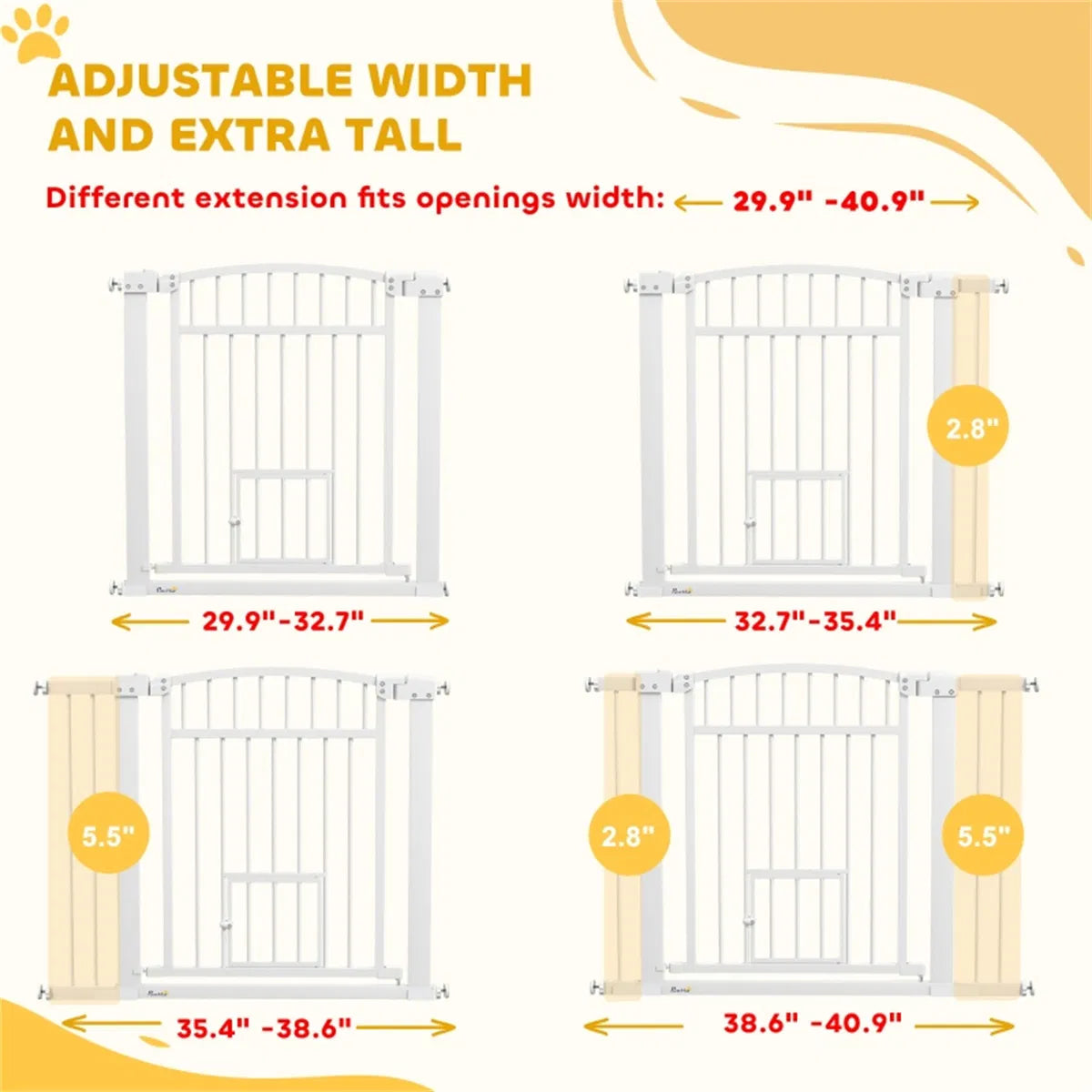 Pressure-Mounted Pet Gate with Cat Door – Adjustable 29.9"–40.9" Wide, 30.3" Tall, White Steel – view 5