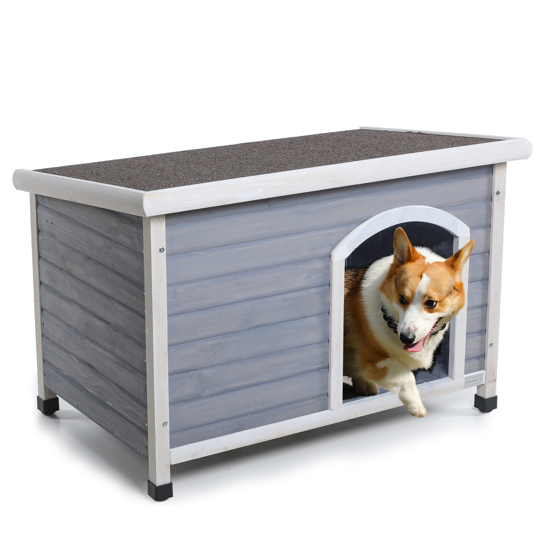 Medium Wooden Outdoor Dog House – Waterproof Asphalt Roof, Elevated Floor, Adjustable Feet, Gray