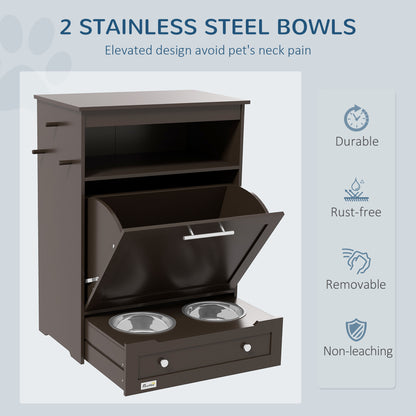 Pet Feeder Station Storage Cabinet with Pull-Out Bowl Drawer, Shelf &amp; Leash Hooks, Brown – view 4