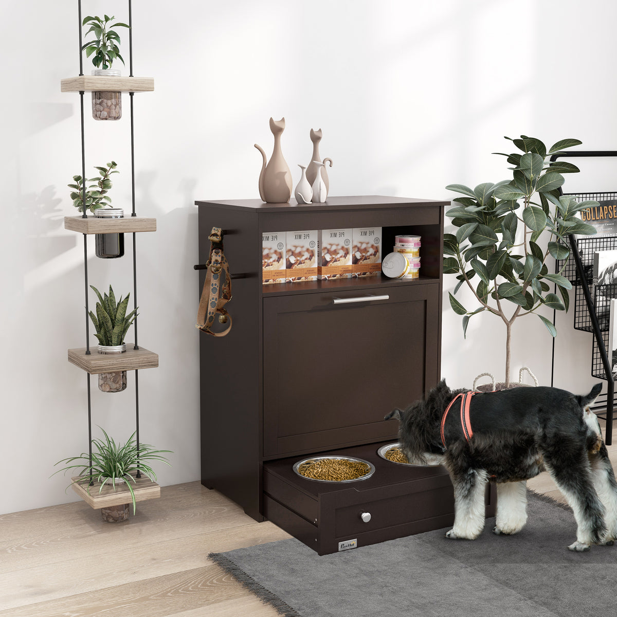 Pet Feeder Station Storage Cabinet with Pull-Out Bowl Drawer, Shelf &amp; Leash Hooks, Brown – view 2