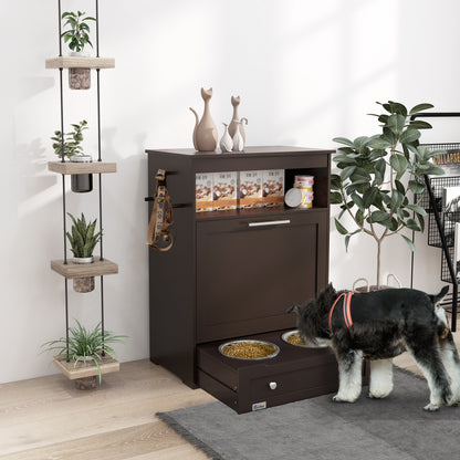 Pet Feeder Station Storage Cabinet with Pull-Out Bowl Drawer, Shelf &amp; Leash Hooks, Brown – view 2
