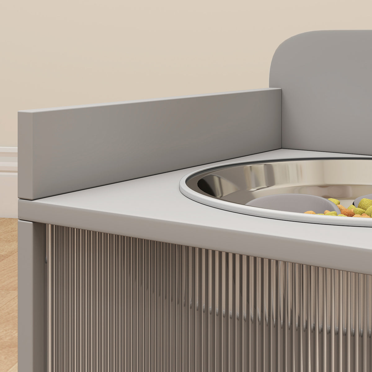 Elevated Dog Bowl Stand with Storage Cabinet, Acrylic Doors and Splash Guards for Large Dogs, Gray – view 8
