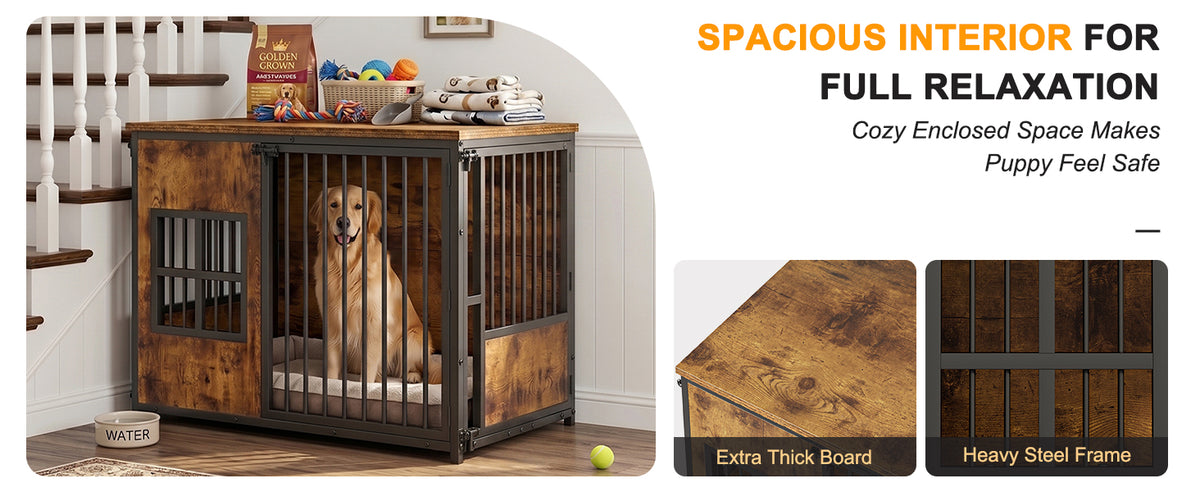 Wooden Dog Crate Furniture with Storage Top – Large Indoor Kennel, Antique Brown – view 6