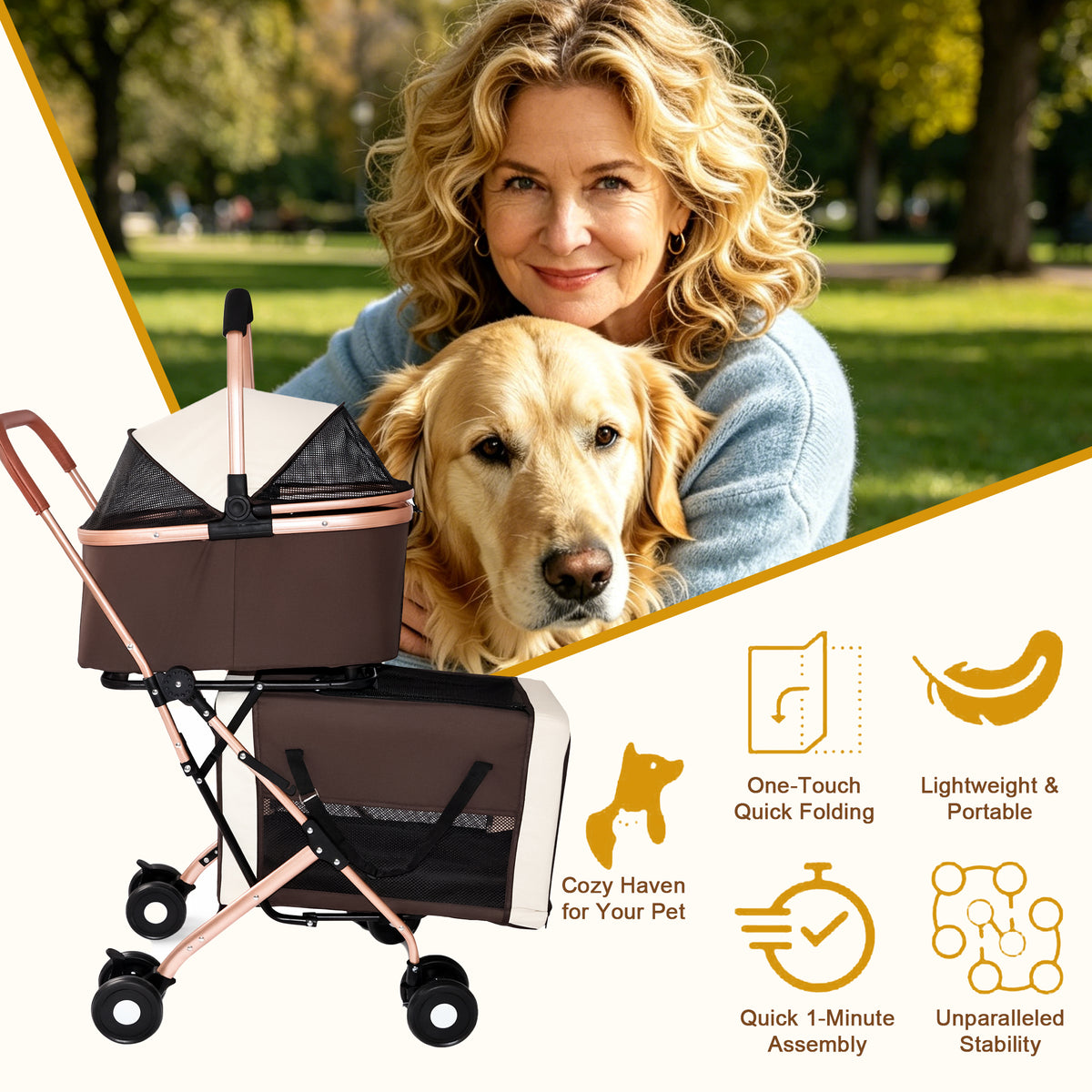3-in-1 Double Pet Stroller – 2-Level Convertible Dog &amp; Cat Stroller with Detachable Carrier &amp; Tote – view 8