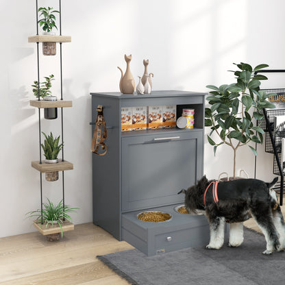 Pet Feeder Station Storage Cabinet with Pull-Out Raised Bowls, Shelf &amp; Leash Hooks, Gray – view 2