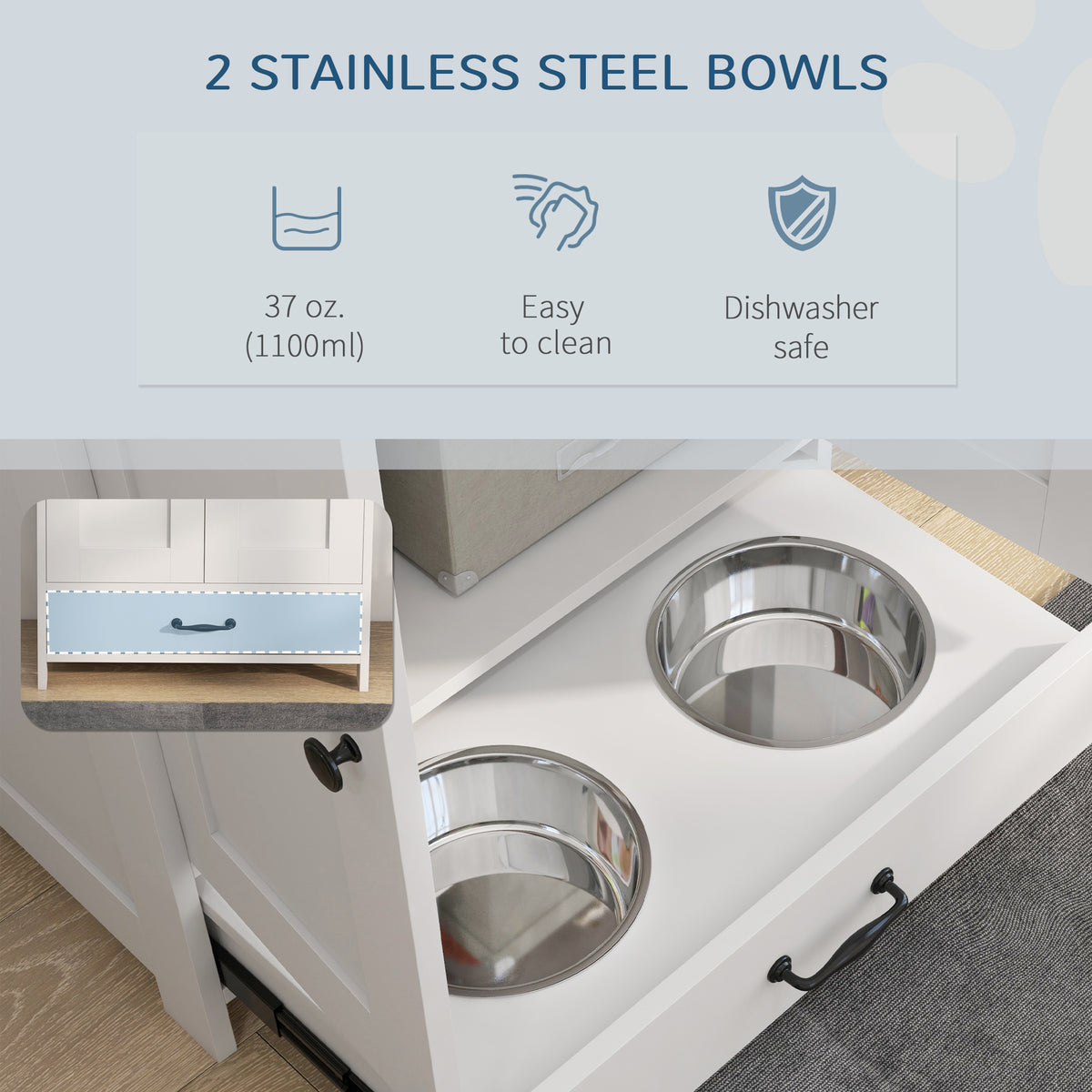 Dog Feeding Cabinet with Hidden Bowls, Adjustable Shelf &amp; Leash Hooks, Medium Dogs, White – view 6