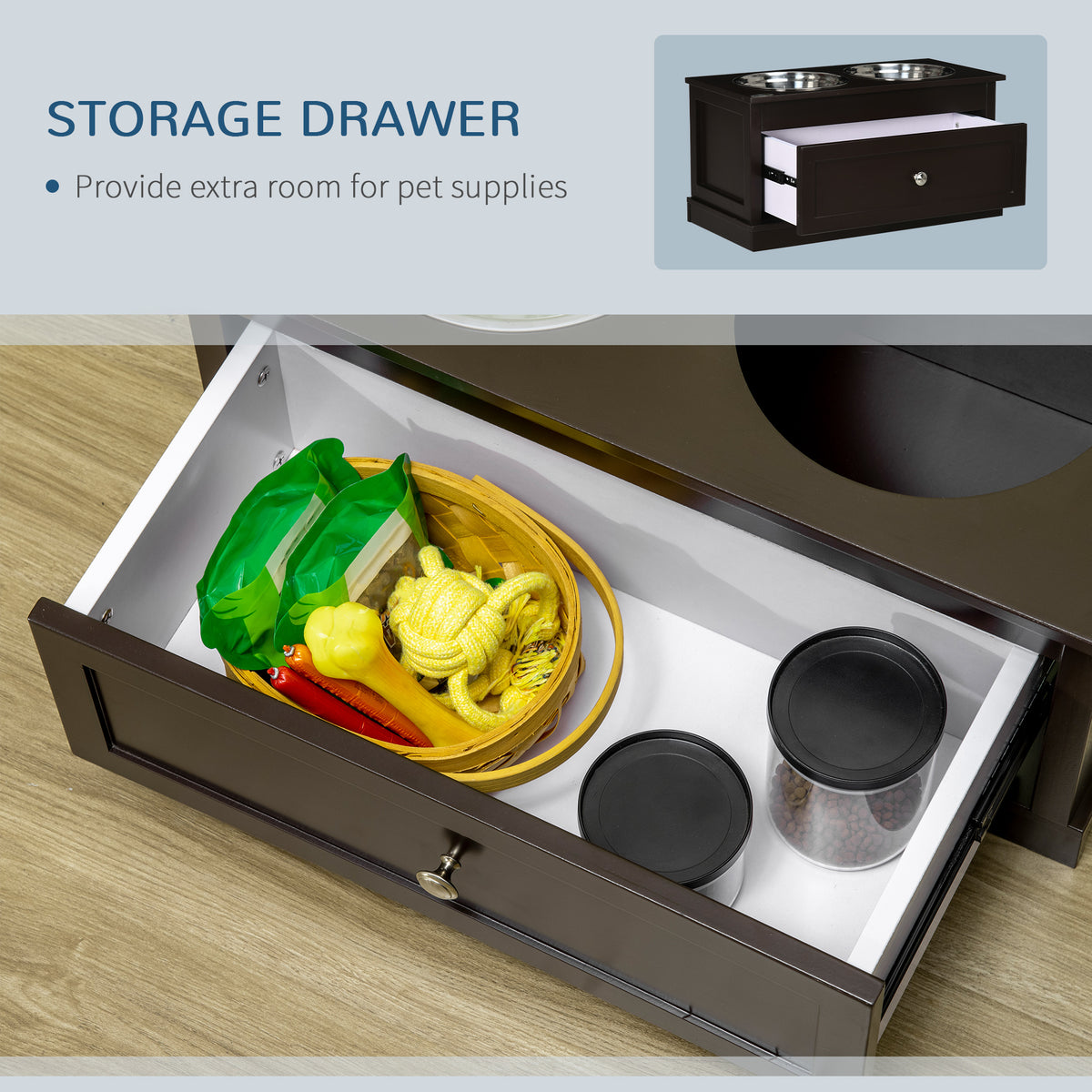 Elevated Dog Bowl Stand with 11 L Storage Drawer &amp; 2 Stainless Steel Bowls, Espresso Brown – view 5