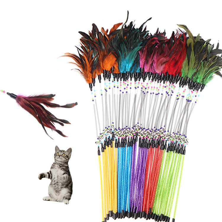 Feather Cat Wand with Spring Bell and Colored Beads – Interactive Cat Teaser Stick