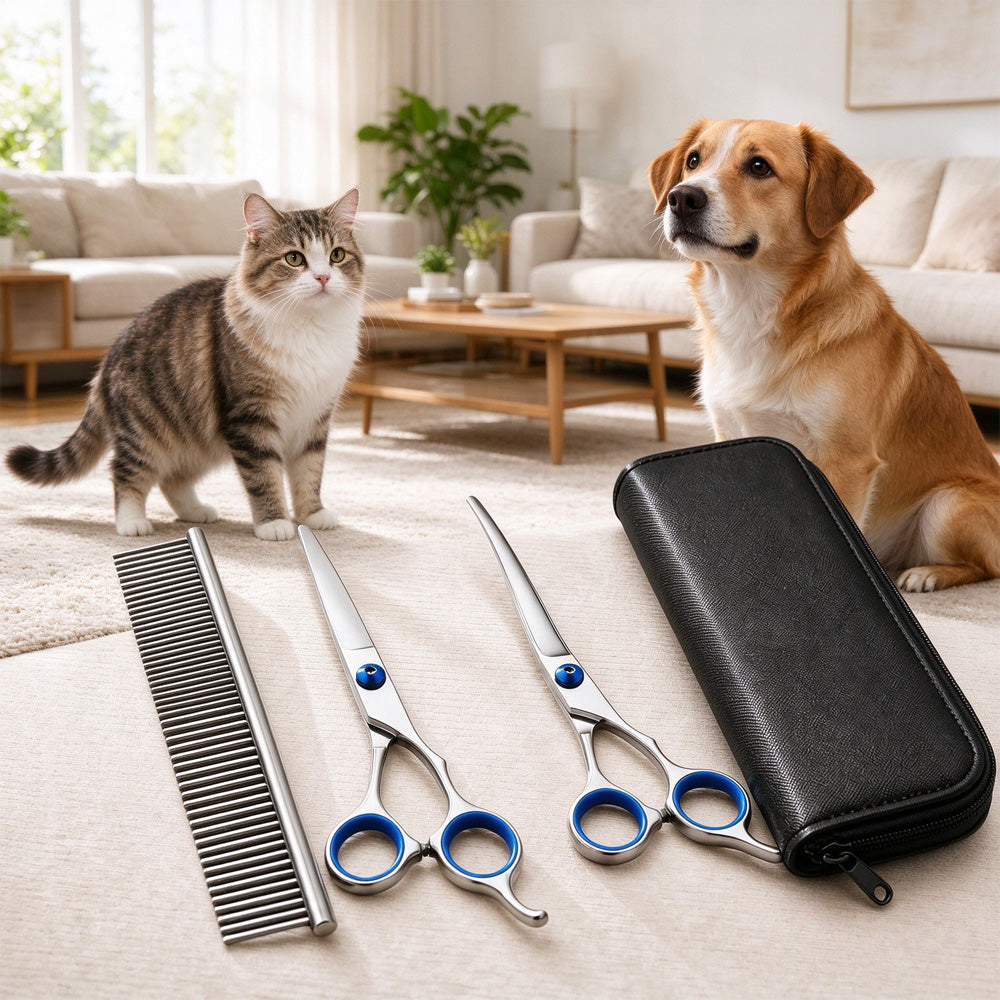 4-Piece Stainless Steel Pet Grooming Scissors Set – Straight, Curved and Thinning Shears with Comb