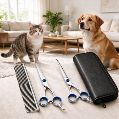 4-Piece Stainless Steel Pet Grooming Scissors Set – Straight, Curved and Thinning Shears with Comb
