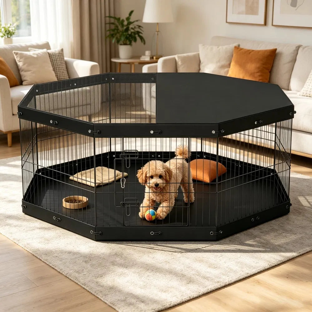 8-Panel Outdoor Dog Playpen with Top Cover &amp; Floor Mat – 24 in, Metal