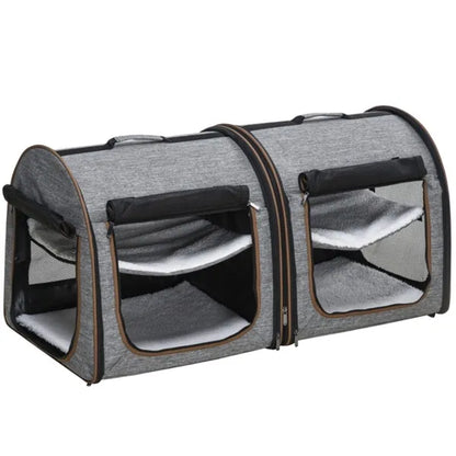 Foldable Double Cat Carrier – Converts to 2 Carriers, Mesh Windows, Seat Belt Strap, Gray