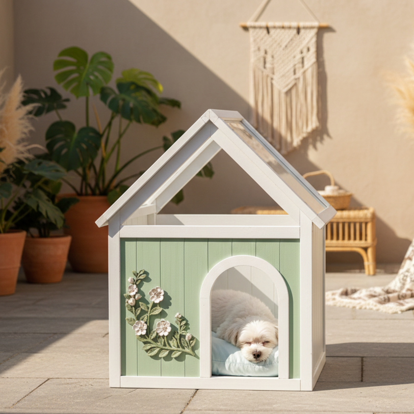 Cedar Wood Indoor Cat House – Clear Acrylic Roof, Carved Front Panel, Tabletop, Mint and White