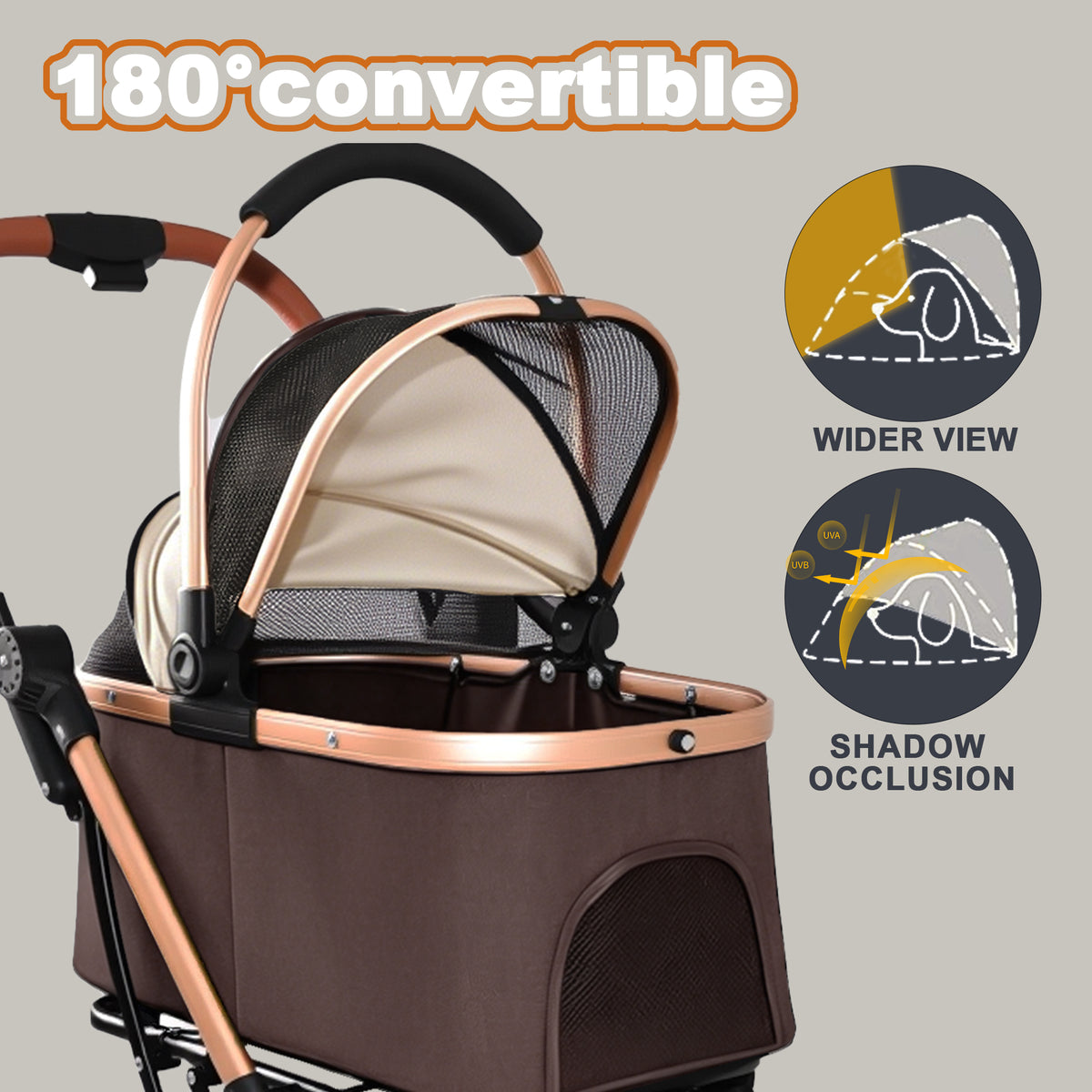 2-in-1 Foldable Pet Stroller – Detachable Carrier, 4 Wheels, Sun Canopy, Khaki – view 8