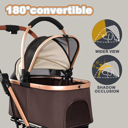 2-in-1 Foldable Pet Stroller – Detachable Carrier, 4 Wheels, Sun Canopy, Khaki – view 8
