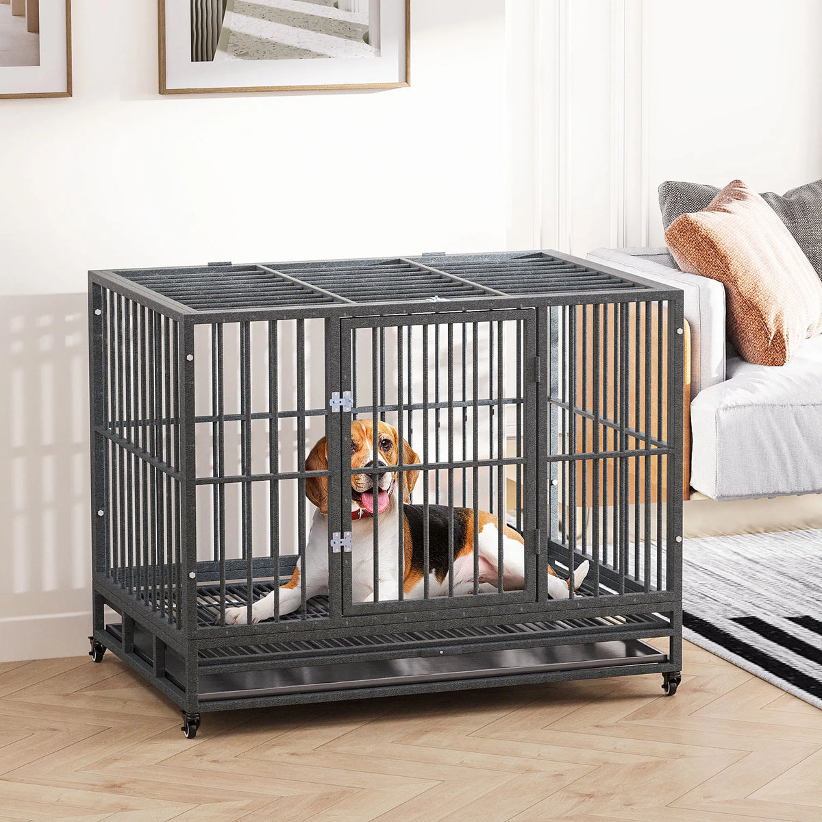 43 in Heavy-Duty Dog Crate with Locking Wheels – Double Door, Removable Tray