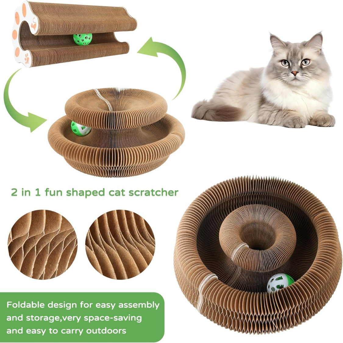 Accordion Cat Scratcher with Bell Ball – Foldable Corrugated Cardboard Scratching Toy, Brown – view 8
