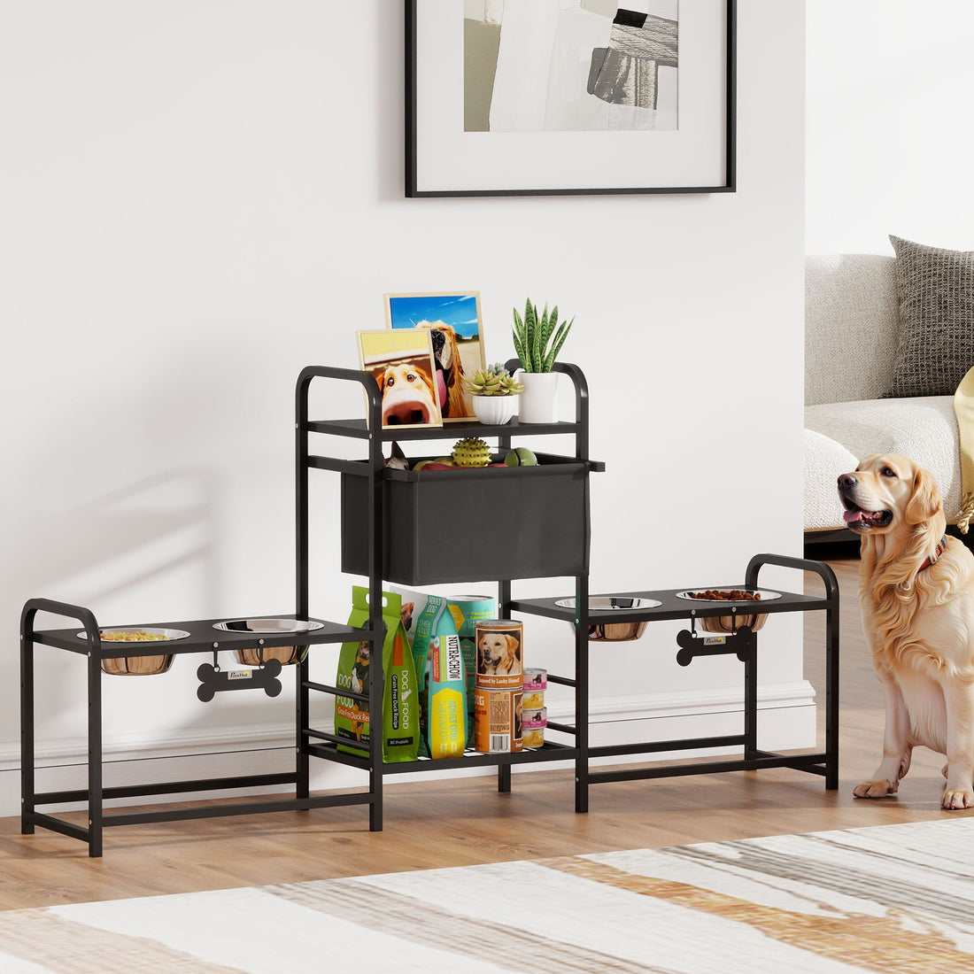Height-Adjustable Dog Feeding Station with 4 Stainless Bowls, Drawer &amp; Toy Bin, Black – view 2