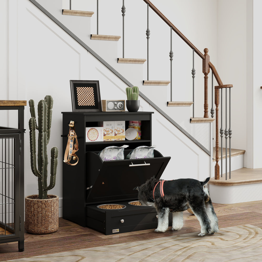 Pet Feeder Storage Cabinet with Pull-Out Bowl Drawer, Shelf &amp; Leash Hooks, Black