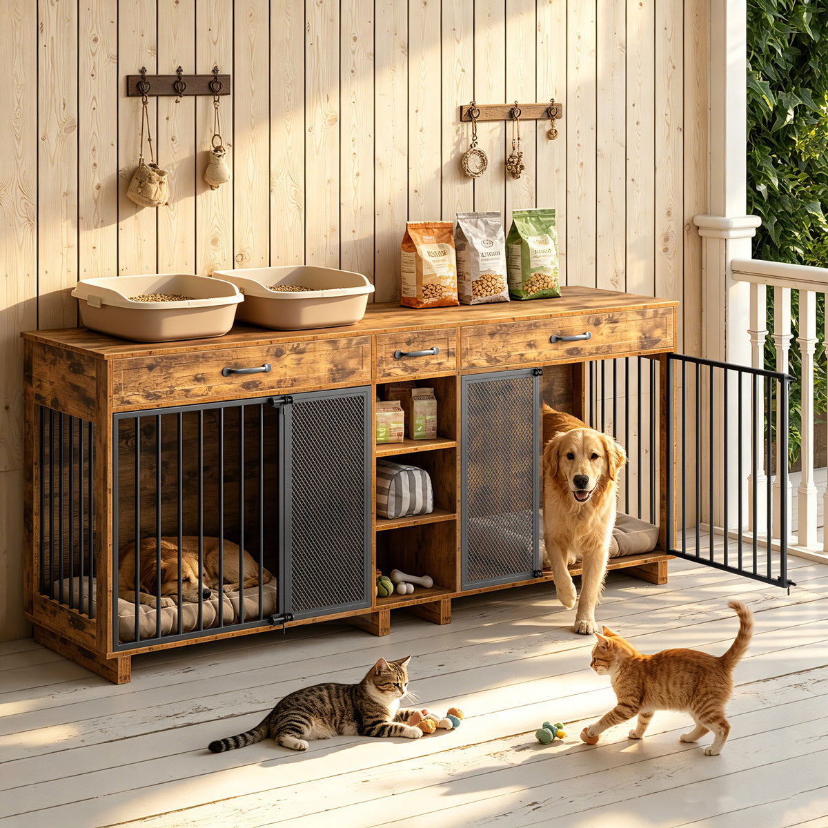 Large Wooden Double Dog Crate Furniture – Storage Cabinet, Drawers, Shelves, Antique Brown