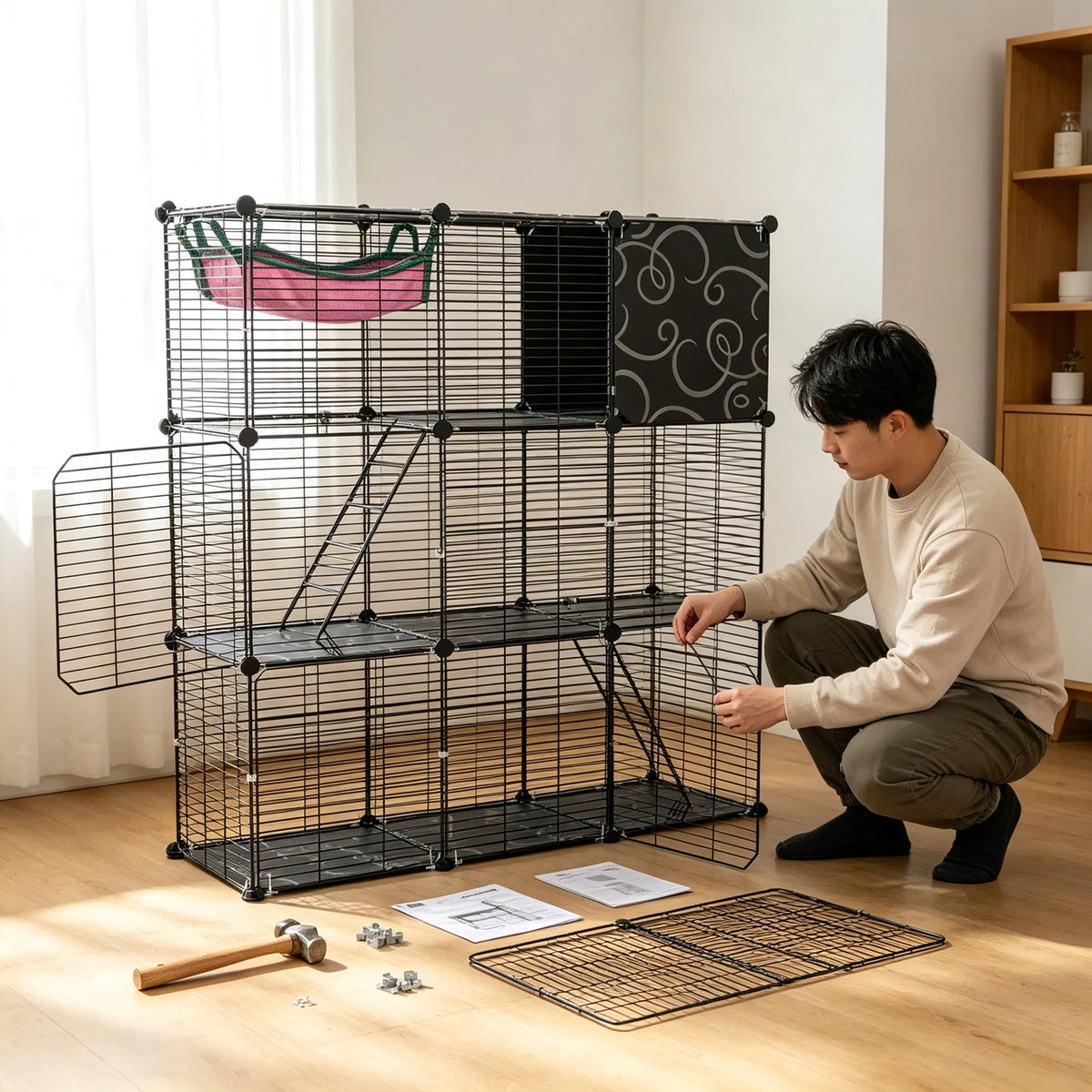 3-Tier Black Metal Cat Cage with 3 Doors, 2 Ladders, Plush Hammock and Toy Ball – view 10