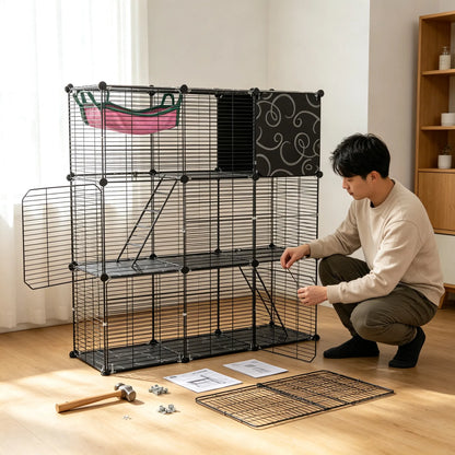 3-Tier Black Metal Cat Cage with 3 Doors, 2 Ladders, Plush Hammock and Toy Ball – view 10