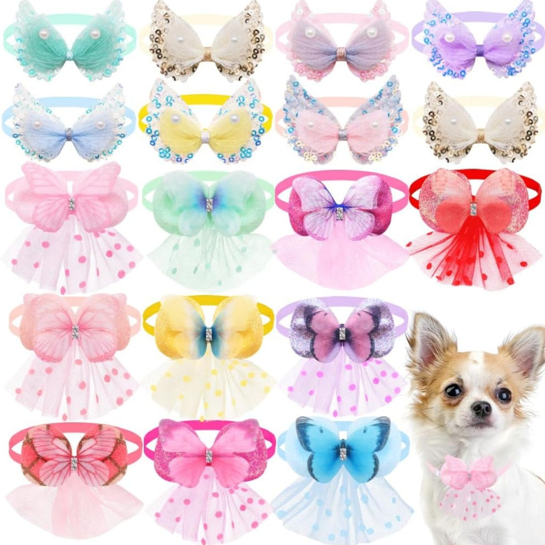 Puppy Bow Collars 20-Pack – Lace Pearl &amp; Butterfly Bow Ties, Adjustable 8.3–15.6 in for Small Dogs &amp; Cats