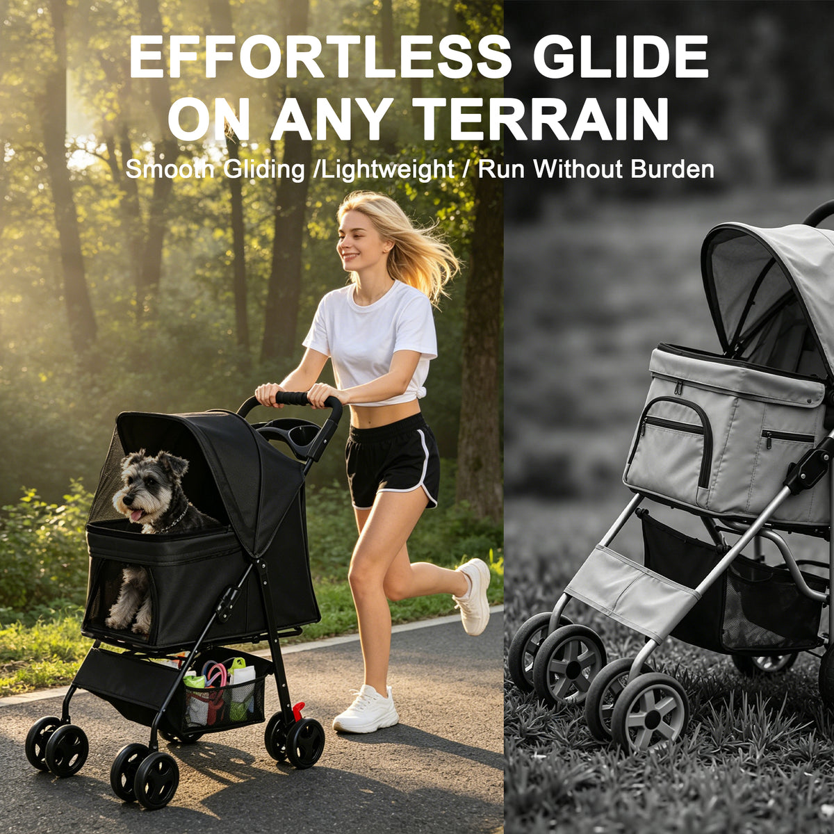 Foldable Pet Stroller for Small Dogs and Cats – One-Hand Fold, Tray, Storage Basket, Black – view 9