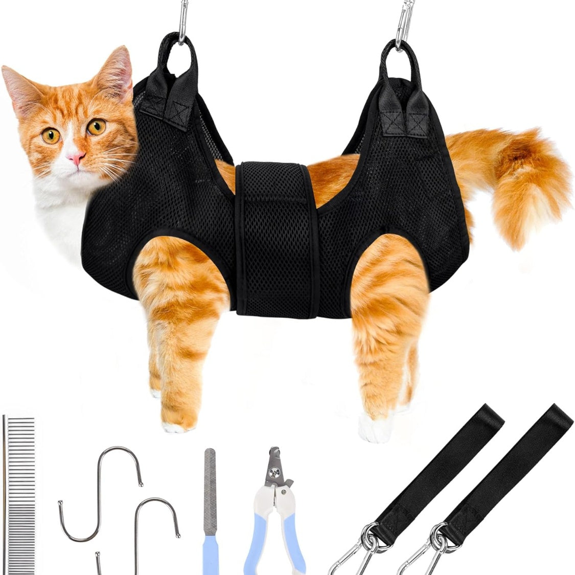 Pet Grooming Hammock Kit for Cats &amp; Small Dogs up to 12 lb with Nail Clippers, File &amp; Comb, Black