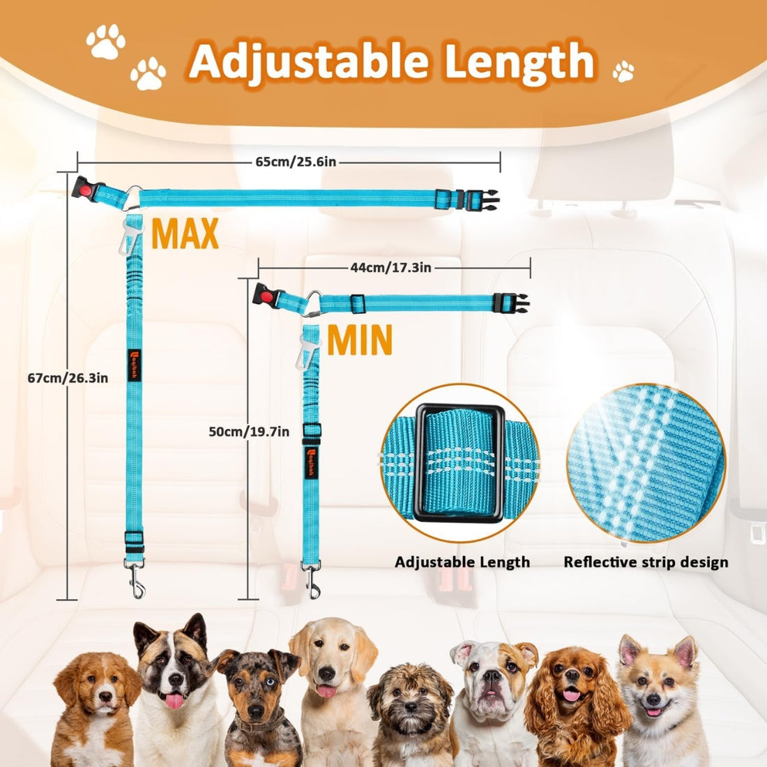 3-in-1 Dog Car Seat Belt Leash – Headrest or Buckle Mount, 360° Swivel, Reflective Nylon, Blue – view 2