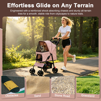Foldable Pet Stroller for Small Dogs and Cats – One-Hand Fold, Tray, Storage Basket, Pink – view 9