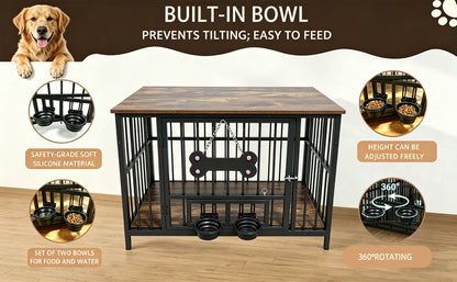 Wood Grain Metal Dog Crate Furniture – Double Outside-Fill Bowls, Bone Door Plaque, Brown &amp; Black – view 10