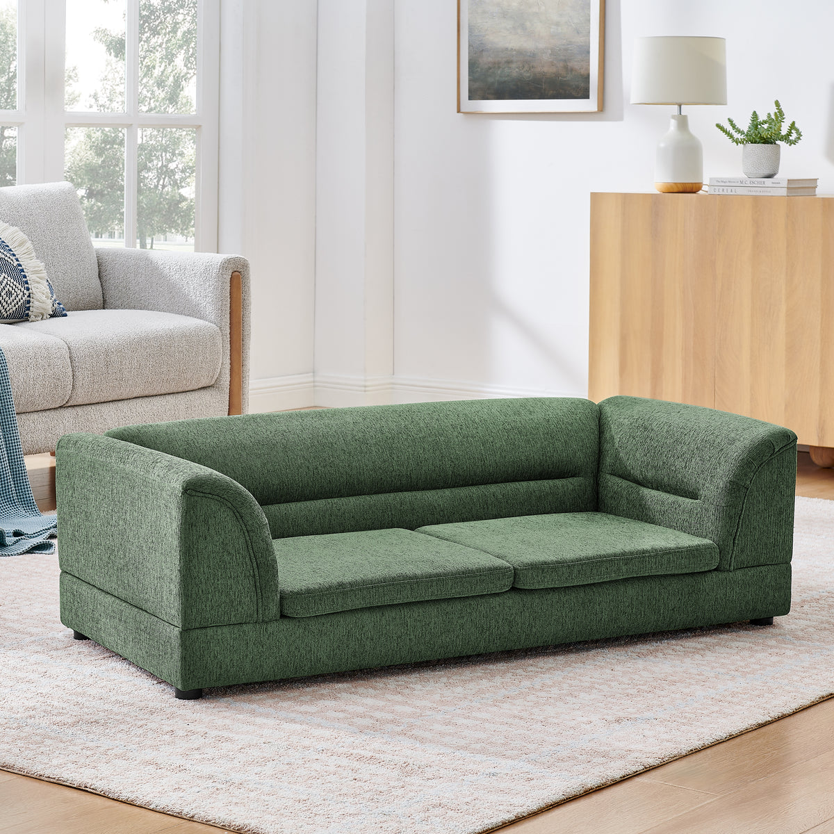 Oversized Linen Dog Sofa – Curved Armrests, Raised Frame, Thick Cushion, for Large Dogs, Olive Green – view 4