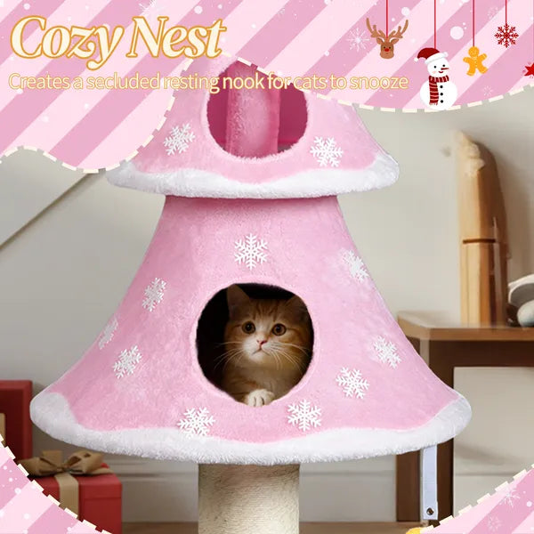 59" Christmas Tree Cat Tower – 2 Cat Condos, Sisal Scratching Post, Soft Fleece, Teaser Toy, Pink – view 2