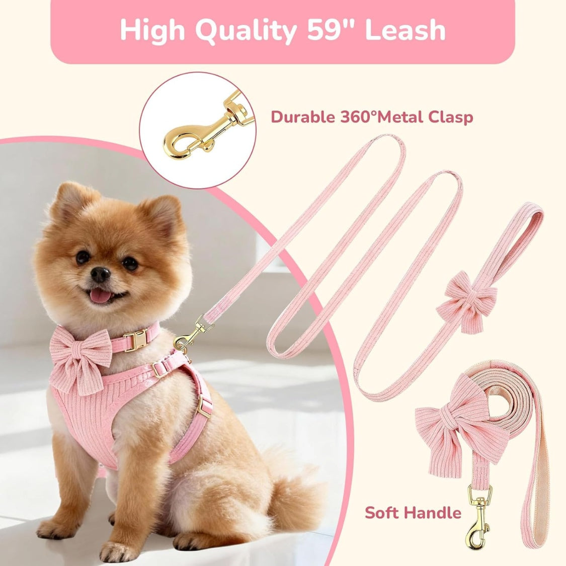 Small Dog Harness, Collar &amp; Leash Set with Bow Tie – No-Pull Breathable Cotton, Adjustable, Pink – view 6