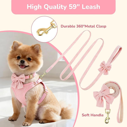 Small Dog Harness, Collar &amp; Leash Set with Bow Tie – No-Pull Breathable Cotton, Adjustable, Pink – view 6