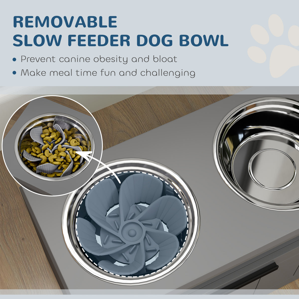 Elevated Dog Bowl Stand with Storage Drawer, 2 Stainless Steel Bowls &amp; Slow Feeder Mat, Gray – view 4